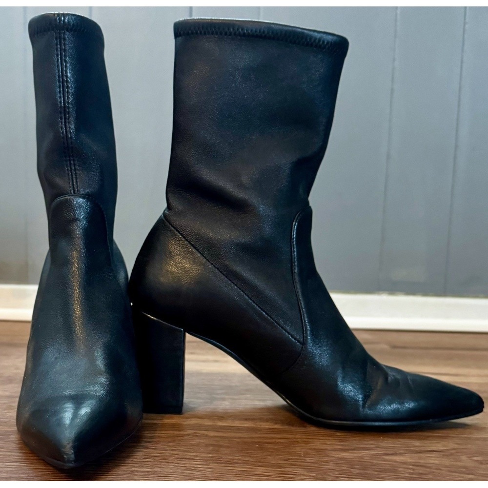 Stuart Weitzman Black Leather Ankle Boots Size 9 Pointed Toe Block Heel
